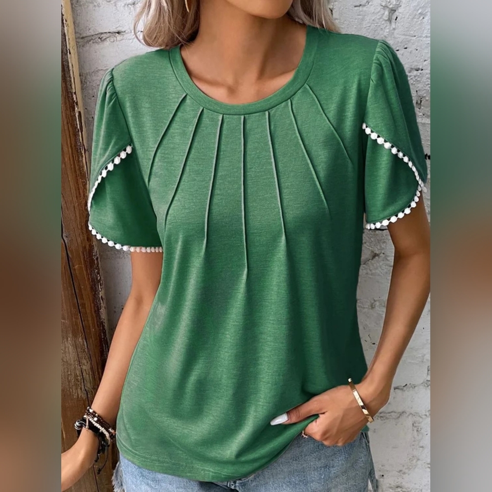 Green Pleated Full Size Round Neck Petal Sleeve Blouse Plus Size